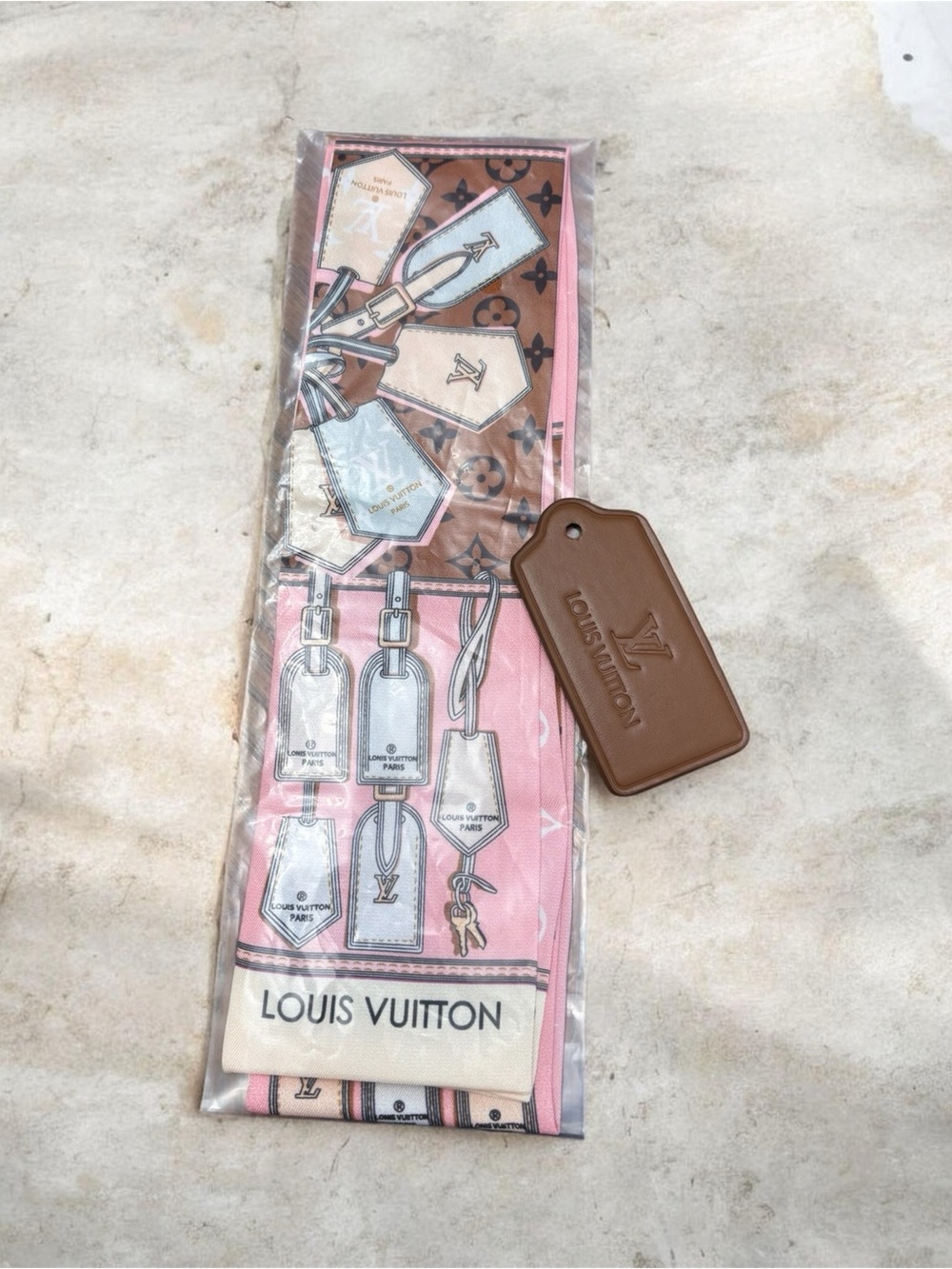 Pink & Brown Monogram Silk Scarf with Luggage Tag